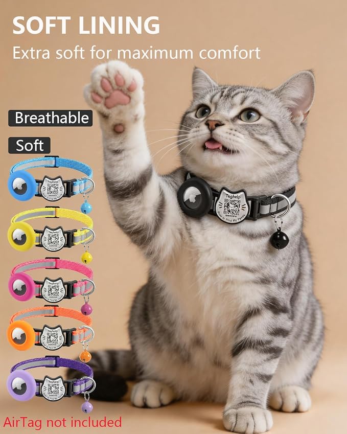 Cat Collar with AirTag Holder, QR Code Tag and Bell (Black)