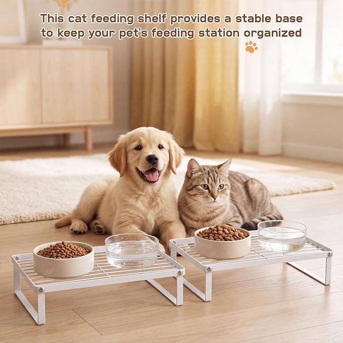 Elevated Cat Feeder Stand, 3 Inch Low Bowl Stand, 2 Pcs | Raises Pet Feeder for Small Breed & Kitten, Carbon Steel Cat Food Table for Most Bowls Automatic Feeders, 14.2 x 11.4 x 3 in