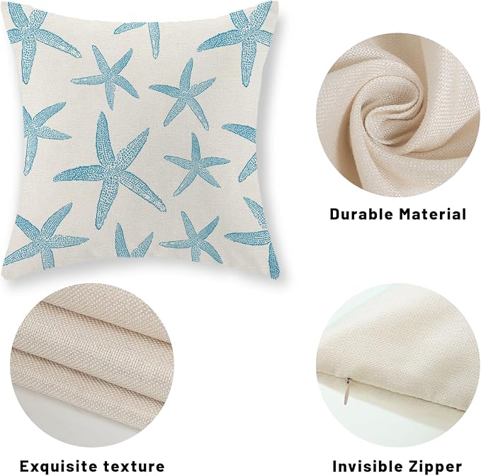Blue Starfish Pillow Covers 18x18 Set of 2 Coastal Throw Pillows Spring Summer Nautical Ocean Theme Beach Decorative Pillow Cases Farmhouse Linen Outdoor Decor Cushion Case for Home Bedroom