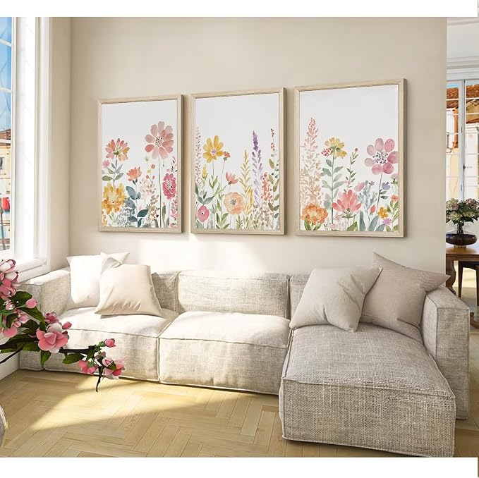 Watercolor Wildflower Wall Art Decor Colorful Flower Pictures Canvas Floral Botanical Wall Art Vintage Prints Poster Floral Painting Artwork for Living Room Bedroom 16x24 Inch Framed Set of 3