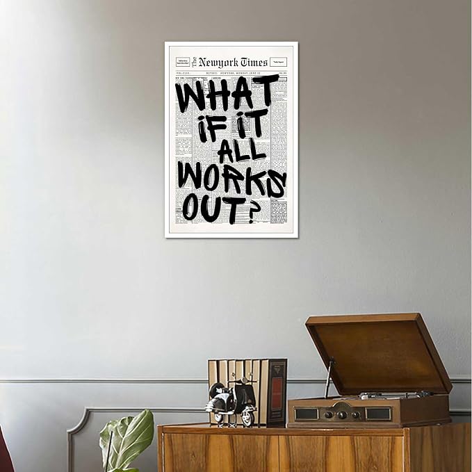 Drimiler Retro Black And White Newspaper Poster What If It All Works Out Canvas Wall Art Positive Affirming Quote Minimalist Prints Painting For Home Bedroom Dorm Wall Decor 16x24in Unframed