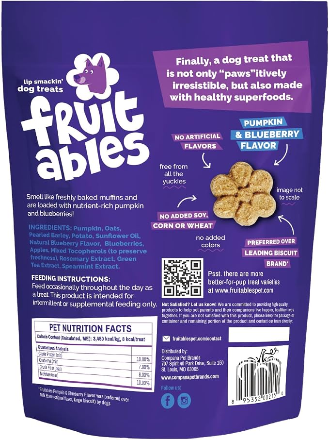 Fruitables Baked Dog Treats, Low Calorie Treats, Pumpkin & Blueberry, 7oz | Healthy Dog Treats, Training Treats, Crunchy Dog Biscuits, Limited Ingredient Recipe, Healthy Puppy Snacks, Made in USA
