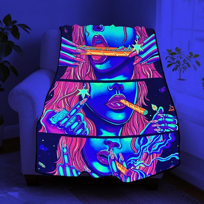 Blacklight Soft Trippy Throw Blanket - 51x59 Inch, Hippie Room Decor Marijuana Cannabis Weed Accessories