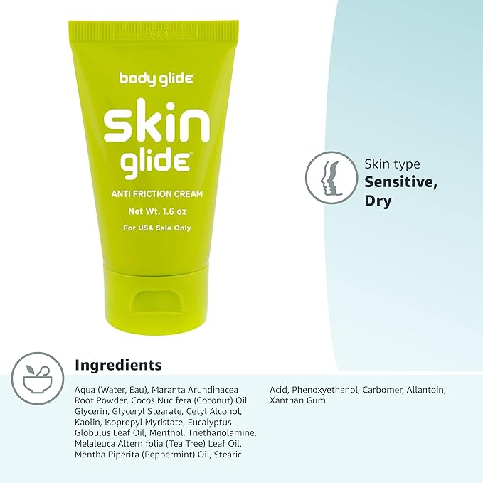 BodyGlide Skin Glide Anti Friction,Anti Chafing Cream helps prevent rubbing leading to chafing,blisters&irritation |-Anti chafe for thighs,feet,groin,butt,nipples,neck,waist&more | 1.6oz,(Pack of 2)