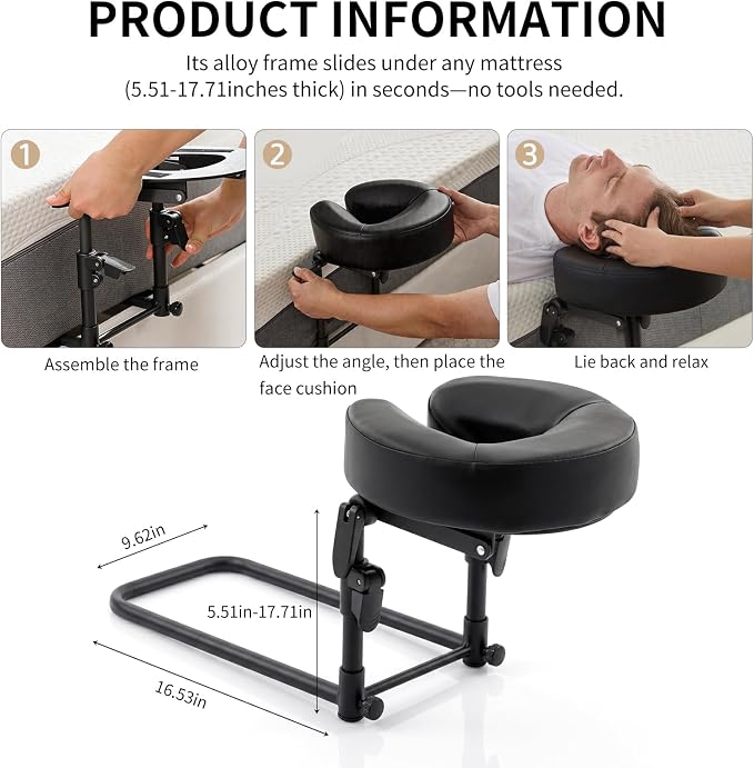 Massage Headrest for Bed,Adjustable Home Massage Face Cradle, No-Tools Assembly Massage Table Kit, Portable Face Down Pillow After Eye Surgery (Black)