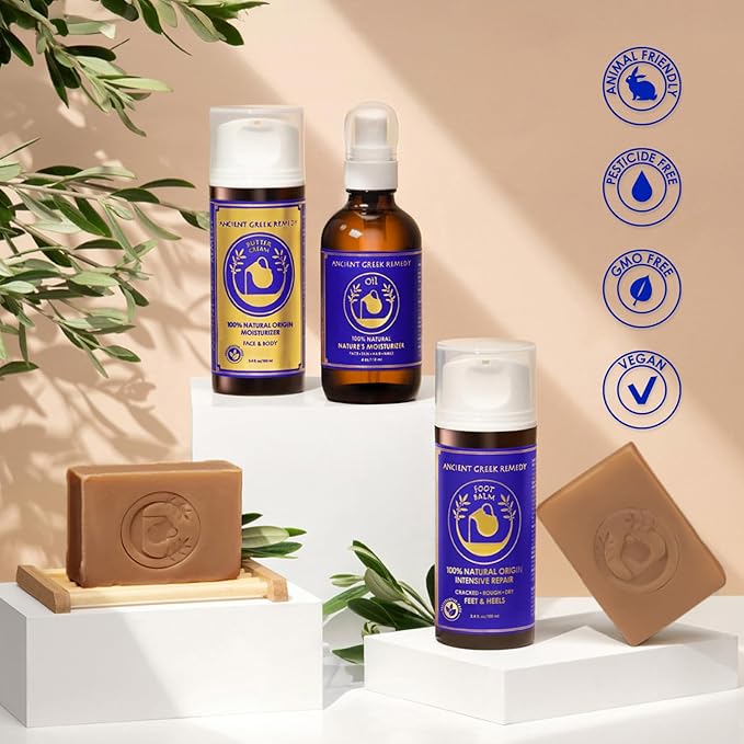 Ancient Greek Remedy Organic Spa Gift Set - Body Oil, Face Moisturizer, Foot Balm & 2 Soap Bars - Lavender Scented Skin Care Gift Basket for Women - Perfect for Christmas, Birthdays & Self Care