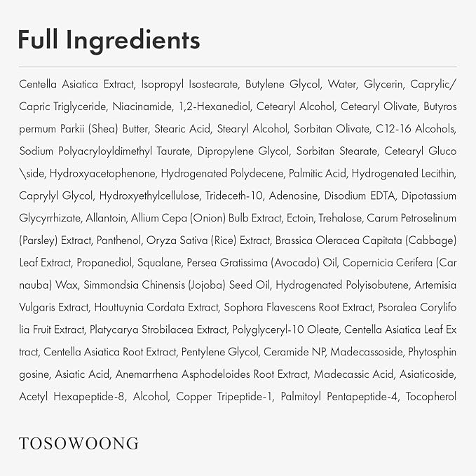 TOSOWOONG Adenosine Cica Cream, 520,000ppm Centella Asiatica, Redness Reducing for Oily and Dry Skin Moisturizer, Barrier Cream with Niacinamide and Panthenol, Korean Skincare, 100ml, 3.38 fl. oz.