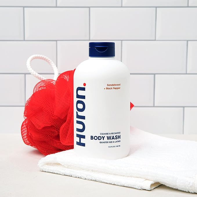 Huron Body Wash for Men and Women Hydrating Daily Cleanser with Sandalwood + Amber Scent, Moisturizing Shower Gel, non-toxic, Phthalate-Free Clean Ingredients for Men, 11.3 Fl oz