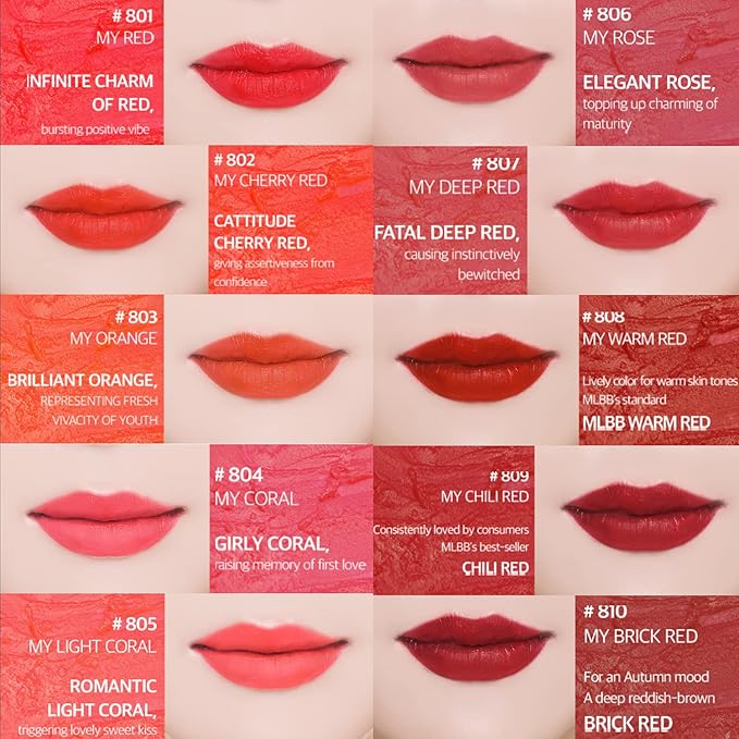 bom My Lipstick 808 My Warm Red, Long Lasting Strong Red Matte Lipstick Velvet Texture