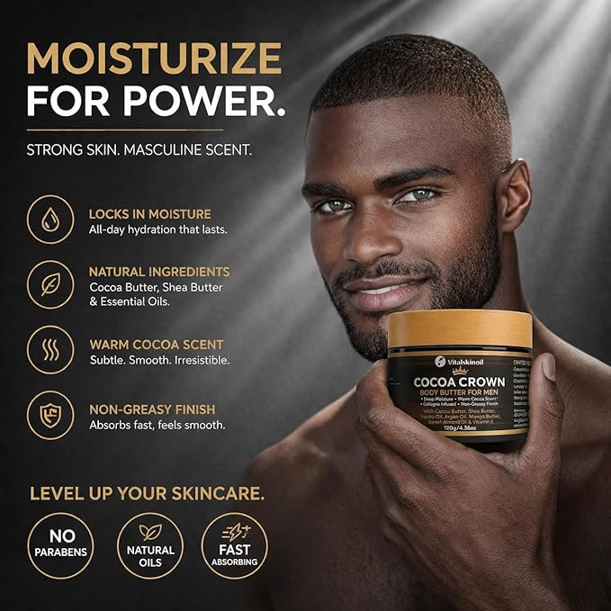 Body Butter for Men, Cocoa Crown Cologne Infused Moisturizer with Cocoa Butter, Shea Butter, Jojoba Oil, Argan Oil, Mango Butter, Sweet Almond Oil & Vitamin E, 4.36oz