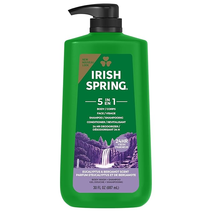 Irish Spring 5 in 1 Moisturizing Body Wash for Men, Shampoo, Conditioner, Body and Face Wash, and 24 Hour Deodorizer, Paraben-Free, Fresh Eucalyptus & Bergamot Scent, 30 fl oz - Packaging may vary