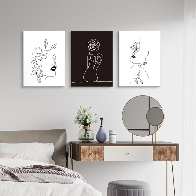 Chadow Artwork Minimalist Line Art Prints Set of 3 Abstract Women Faces Flower Wall Art Black and White Line Drawing Painting Modern Aesthetic Poster for Girls Bedroom Bathroom Living Room Decor
