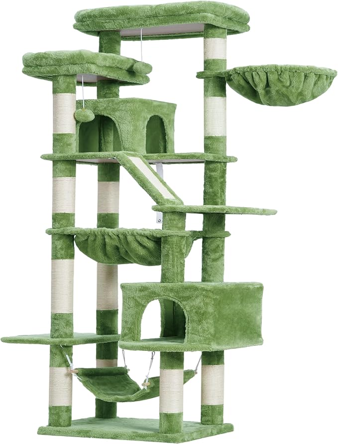 Heybly Cat Tree, 71-Inch-Tall Tower for Indoor Cats with 2 Perches HCT034GR | Large Cat Furniture with 2 Big Condos, 2 Hammocks, Basket, Scratching Pad, Multi-Level Cat Condo, Green