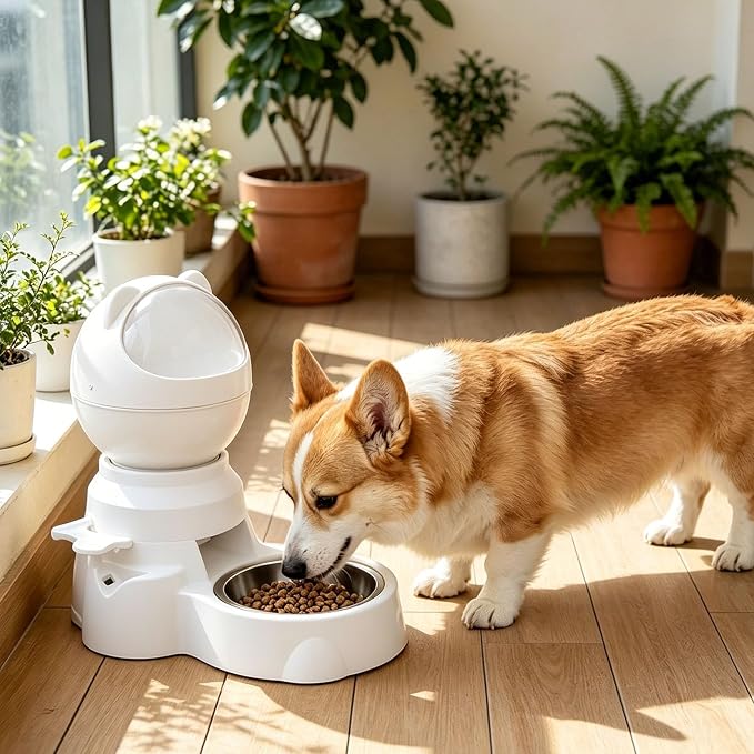 Automatic Gravity Pet Feeder Dispenser,Treat Dispenser with Button for Slow Feeder,Dog Waterer and Food Feeder for Cats Dogs (White)