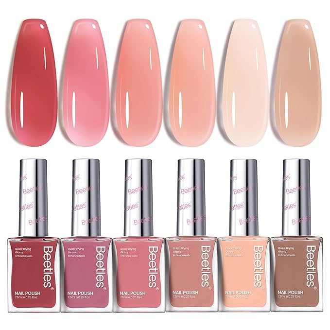 Beetles Jelly Nail Polish Set P186,6 Colors Burgundy Pink Nude Quick Dry Nail Polish Fingernail Fast Drying & Long Lasting Nail Strengthener Polish for Valentines