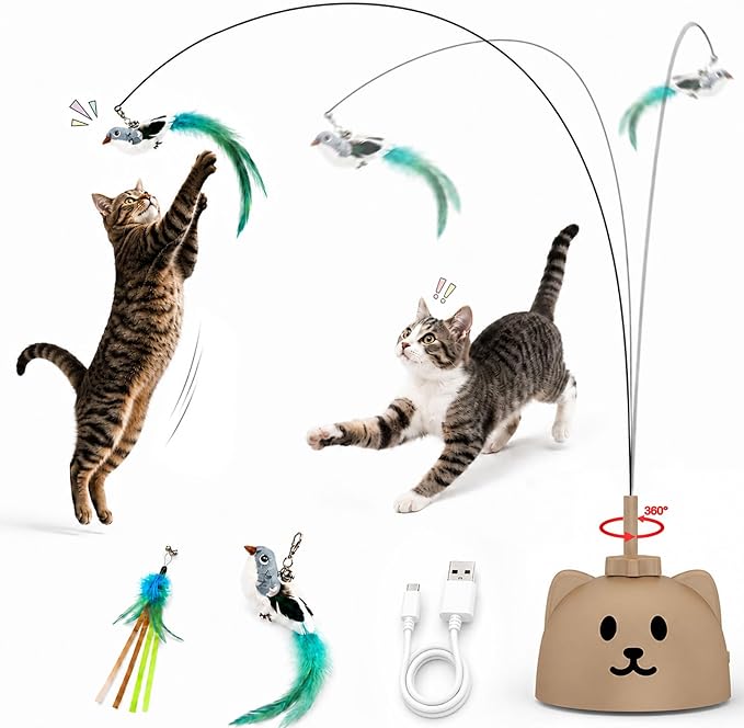 Interactive Cat Toys for Indoor Cats: Automatic Flying Bird Cat Toy with 360° Feather Wand, Strong 8cm Suction Cup, USB Rechargeable Self-Play Cat Toy for Bored Kittens & Adult Cats