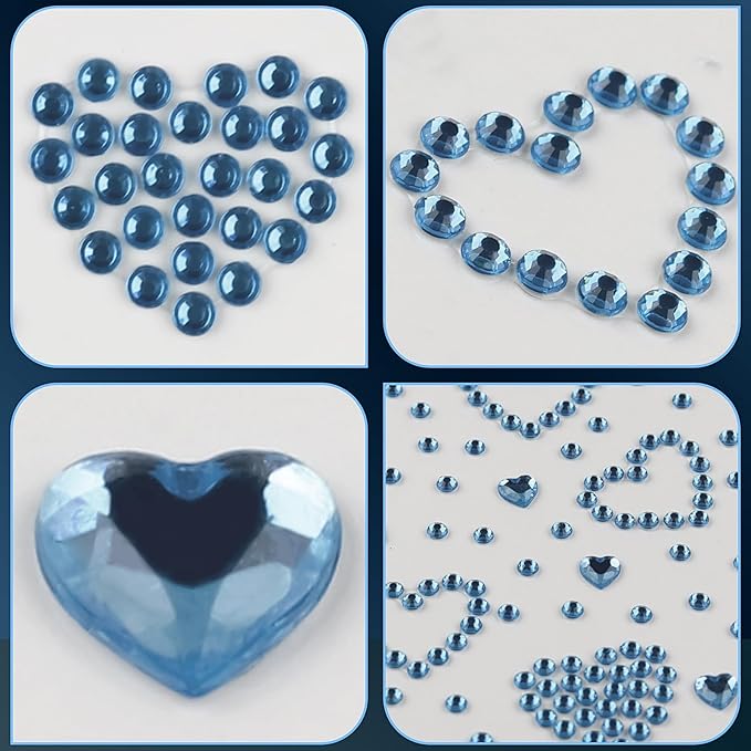 3Sheets Heart Gem Stickers Jewels for Crafts, Face Makeup - Self Adhesive Rhinestone Jewel Stickers, Stick on Gems Rhinestones for Crafts, Craft Supplies for Kids (04.Light Blue Heart)