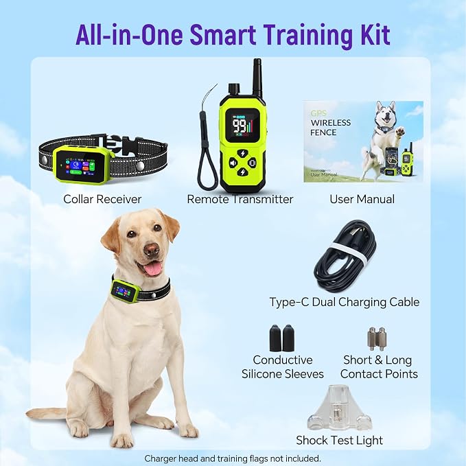 GPS Wireless Dog Fence & Remote Training Collar, Free APP Control, No Subscription Fee, Adjustable GPS Boundary, Green, Dogs 10-120 lbs