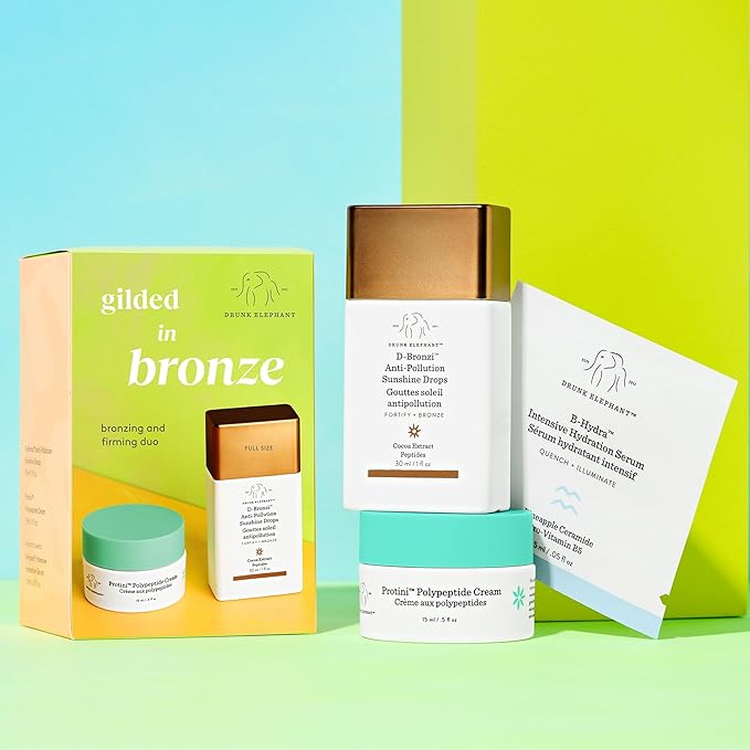 Drunk Elephant Gilded in Bronze Kit - Includes D-Bronzi Anti-Pollution Sunshine Drops (30 ml/1 fl oz) & Protini Polypeptide Cream (15 ml/0.5 fl oz) - Amazon Exclusive Holiday Gift Set