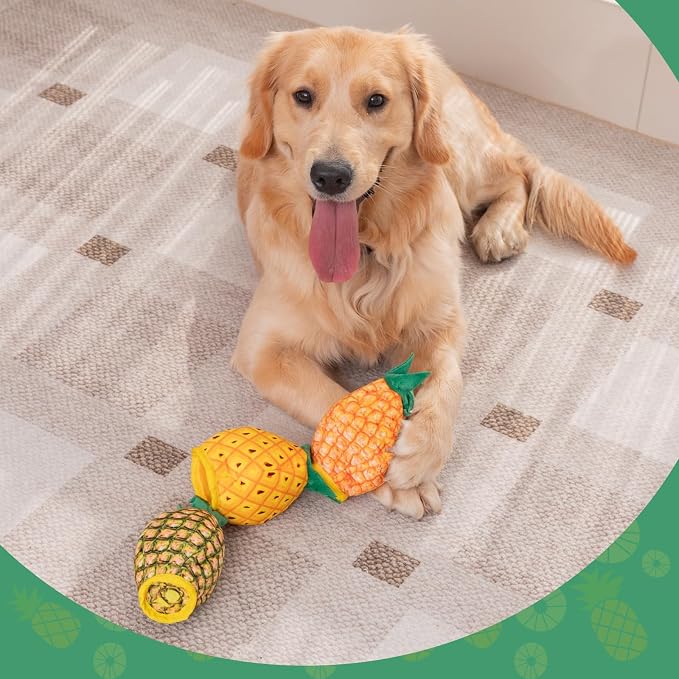 No Stuffing 3pc Squeaky Dog Toys 2 in 1 Interactive Plush Dog Toy Pineapple Shaped Rip&Reveal Toy for Boredom- Perfect for Chew&Fetch Play