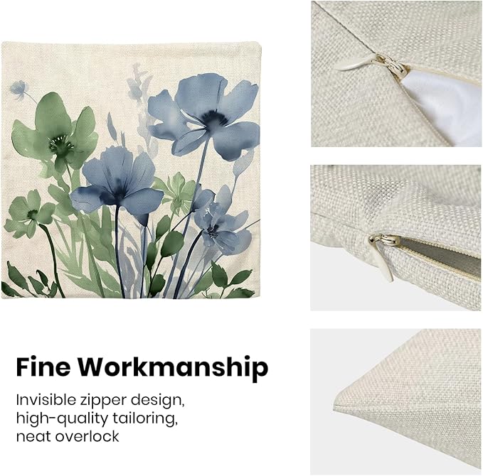 Spring Floral Pillow Covers 20x20 Inches Set of 2 Green Blue Floral Throw Pillow Cover Outdoor Rustic Summer Flower Decoration Pillowcase Farmhouse Square Decorative Cushion Cover For Home Sofa