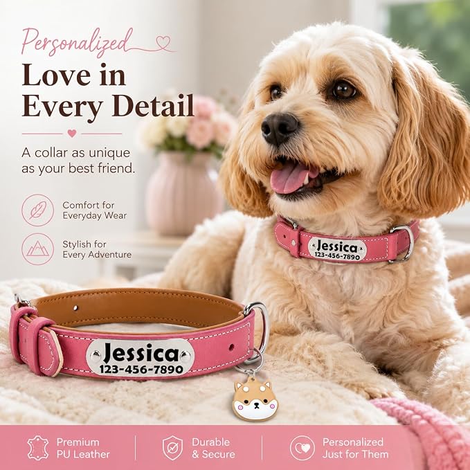 Personalized Leather Dog Collar with AirTag Holder Case, Custom Engraved Nameplate Dog Collar, Adjustable Genuine Leather Soft Padded Dog ID Collar for X-Small Small Medium Large X-Large Dogs-Pink-M