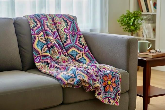 Boho Floral Fleece Throw Blanket: Mandala Bohemian Botanical Paisley Damask Velvety Soft, Bright Purple Pink Yellow White Durable Plush Accent for Bed or Couch, 50" x 70"