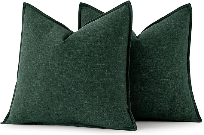 MIULEE Decorative Linen Pillow Covers 18x18 Inch Dark Green | Boho Farmhouse Christmas Couch Throw Pillows for Bed, Pack of 2 Accent Modern Pillowcases, Sofa Livingroom Home Decor