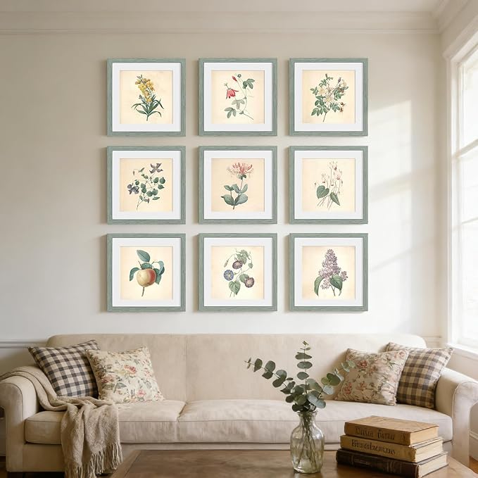 10x10 Picture Frame Set of 9, Display Pictures 8x8 with Mat or 10x10 without Mat, Multi Collage Gallery Square Photo Frames for Wall or Tabletop, Rustic Green