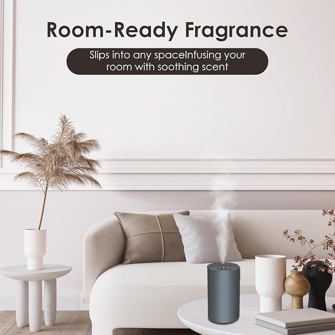 Waterless Essential Oil Diffuser, Battery Powered Mini Scent Air Machine, Aromatherapy Mist Diffuser for Home Room Car Office,Black Aluminum Alloy (Grey)