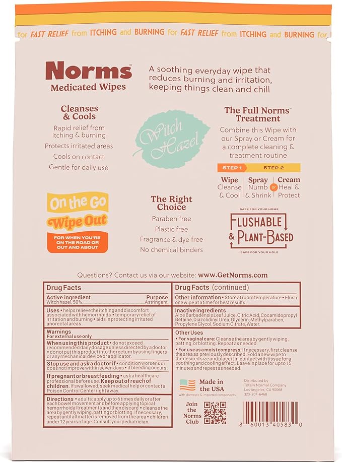 Norms Wipe Outs Hemorrhoid Wipes, 24 Individaully Wrapped Witch Hazel Wipes with Aloe to Soothe and Cool Itching, Burning and Irritation, Flushable Septic Safe, Plant Based & Plastic-Free