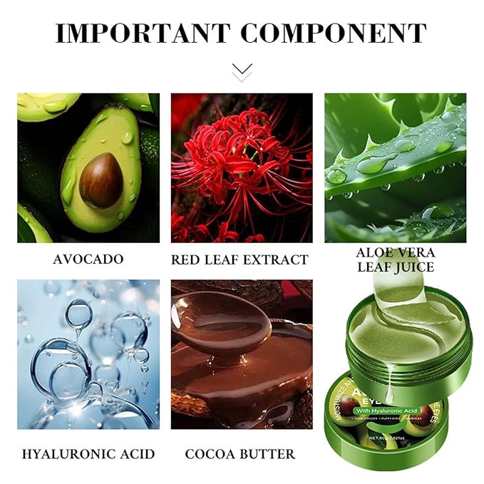 Avocado Eye Masks 60Pcs - Hydrating Under Eye Patches with Aloe Vera, Hyaluronic Acid - Cooling Gel Mask for Puffy Eyes, Dark Circles & Fine Lines (Avocado Green)