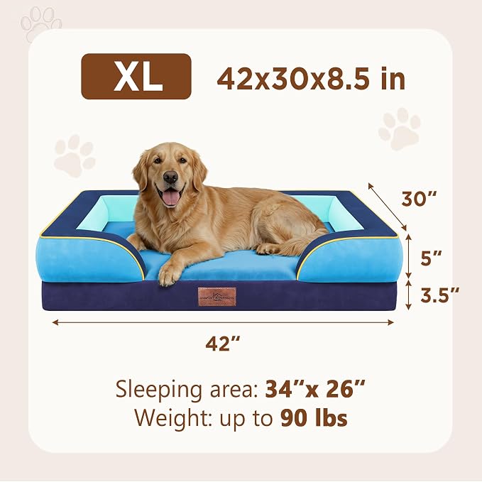 Comfort Expression Orthopedic Dog Bed for Extra Large Dogs with Bolster | Waterproof Dog Couch Bed with Washable Cover & Non-Slip Bottom, Supportive Egg Crate Foam XL Pet Bed, 42x30 Inch