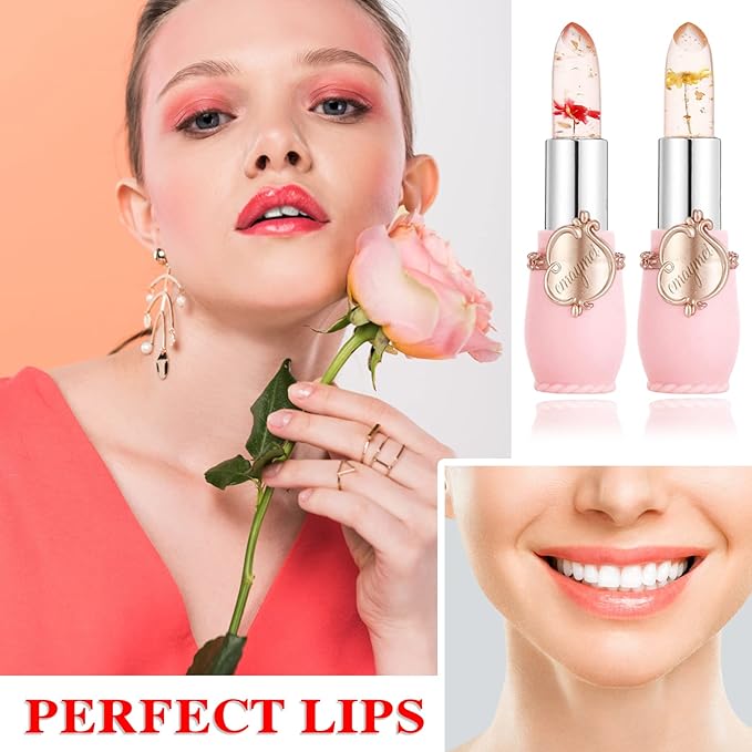 2 Pack Crystal Jelly Flower Lipstick,Magic Temperature Color Change Lip Gloss Lip Stick PH Clear Magic Lipstick Long Lasting Nutritious Moisturizing Lip Balm(Set B)