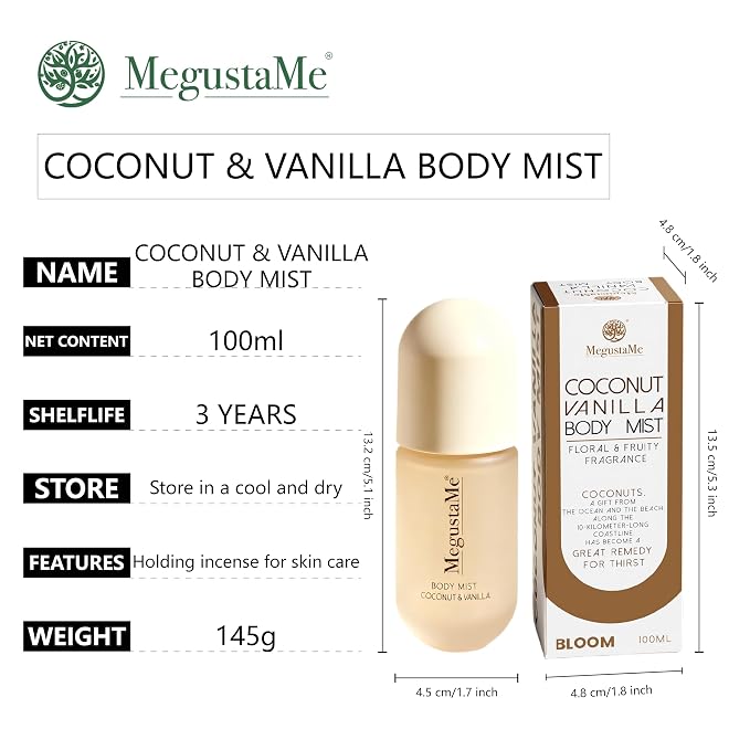Coconut Vanilla Body Spray | Paraben-Free & Phthalate-Free | Long-Lasting Fresh Fragrance | coconut body spray | vanilla coconut perfumes for women, 3.38 fl oz (100ml)