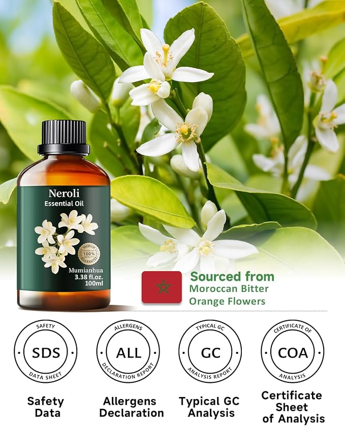 Neroli Essential Oil, Orange Blossom Oil, Diffuser, Skin & DIY, 3.38 Fl Oz | Mumianhua Neroli Oil, Steam-Distilled. Citrus-Floral Aroma. For Pillow Mist, Pulse Points, Perfume, Hair,Candle Making