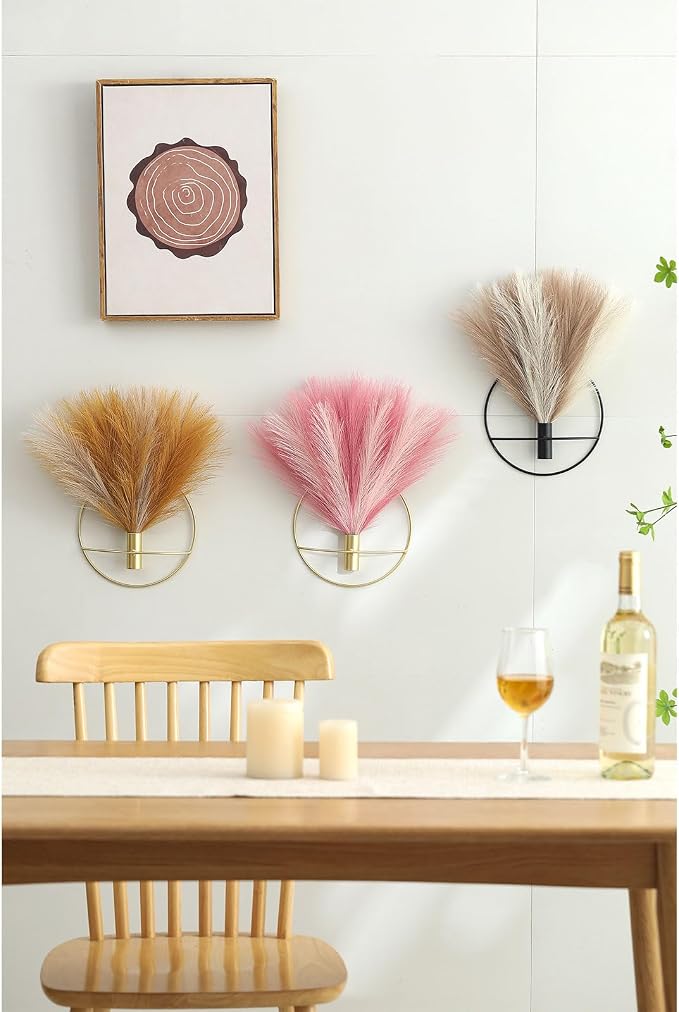 Pretty Jolly Boho Pampas Wall Decor Gold Metal Wall-Mounted Art | Morden Artificial Greenery Display,2 Pack Hanging Planter For Living Room, Bedroom, Bathroom, Dining room