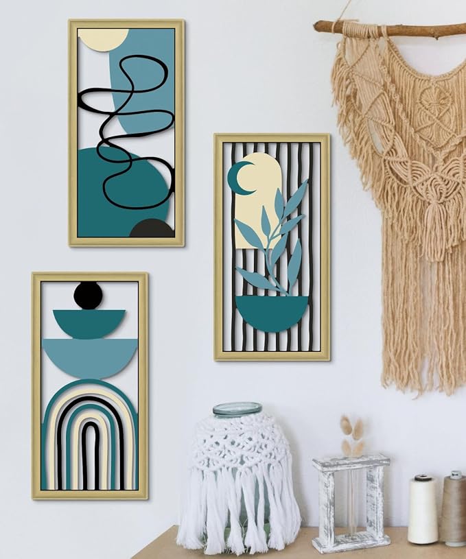 Putuo Decor Boho Wall Art Set of 3 Modern Minimalist Wooden Wall Decor Abstract Geometric Room Decorations Mid Century Artwork for Living Room Bedroom Office in Blue Tones 16.5 x 8.6 Inch