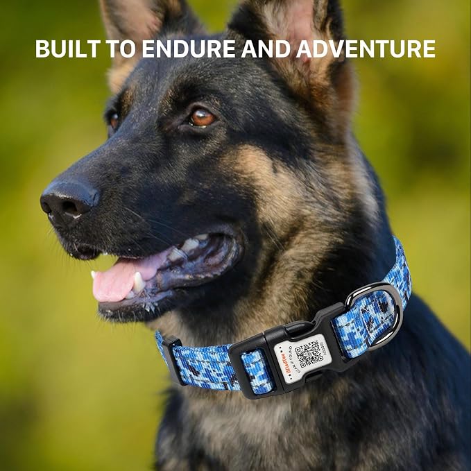 Personalized Dog Collar with QR Code Dog Tag, Camo Blue L | Anti-lost, 1000D nylon, reflective, padded, XS-L(8"-24"), QR buckle shares lost pet profile, location alerts when scanned