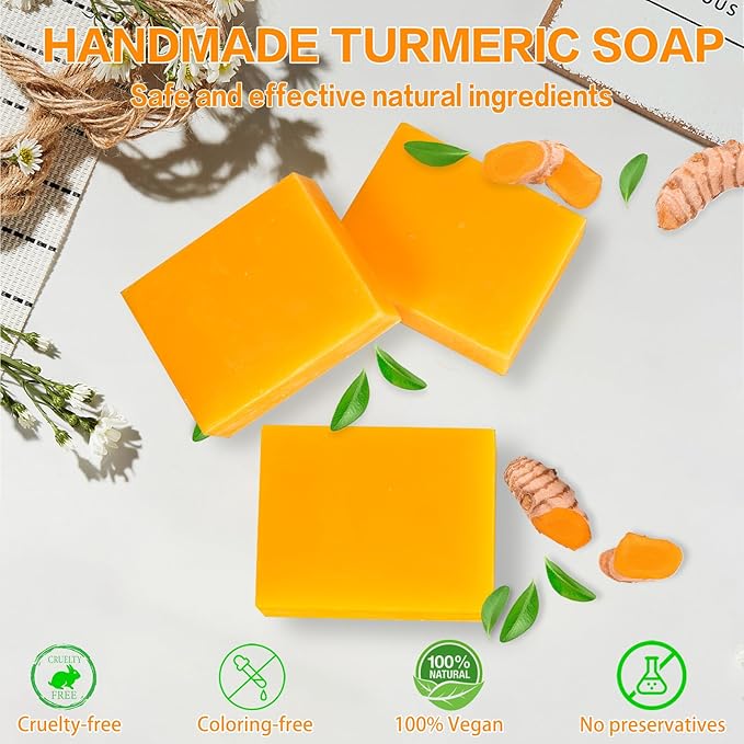 3 PCS Turmeric Soap, Natural Tumeric Bar Soap for Face & Body Cleanse, Organic Bath Soap Bar Body Smooth, Skin Moisturizing Soothing Exfoliating, For All Skin Types, Men & Women