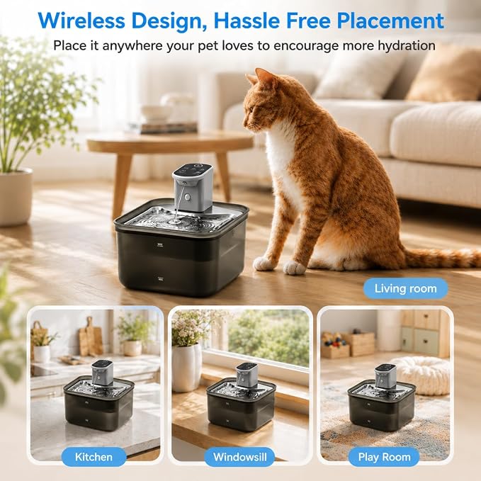 Wireless Cat Water Fountain, 118oz/3.5L Battery-Operated Pet Fountain | 3 Smart Modes,4000mAh Large Capacity Rechargeable Battery Operated Cat Water Dispenser Ultra Quiet BPA-Free, 1 Filter