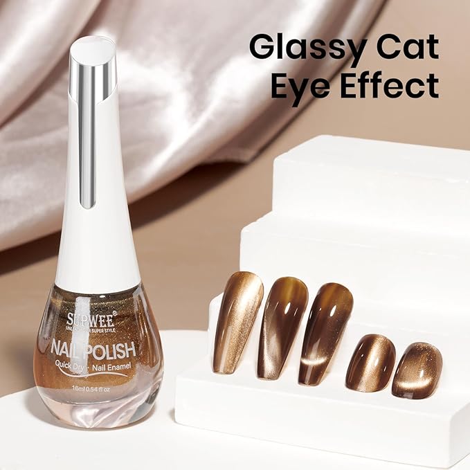 Brown Cat Eye Nail Polish Non Gel, Quick Dry Magnetic Nail Polish with Magnet Cateye Fingernail Lacquer Air Fast Drying Manicure Gift For Women Girls 16ml/0.54 oz
