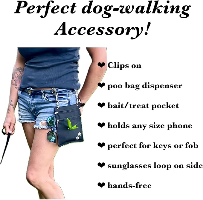 clippable Dog Poop-Bag Dispenser and Treat Pocket, Big Enough for Your Phone and Keys, Perfect Dog Walking Accessory. (Small, Plain), Black