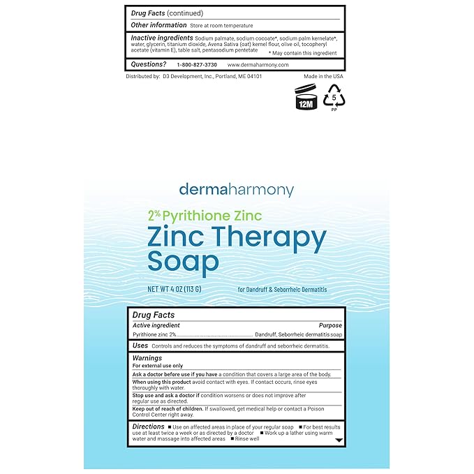 Dermaharmony Set of 5 2% Pyrithione Zinc (ZnP) Bar Soap 4 oz - Crafted for Those with Skin Conditions - Seborrheic Dermatitis, Dandruff, etc.