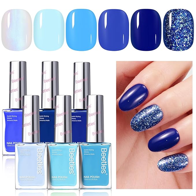 Beetles Blue Nail Polish Set - Ocean Starlight, 6 Corlors Glitter Peal Pastel Nail Polish Blue Quick Dry, Long-Lasting Pastel Nails for Summer & Spring Nails Art Effect for Manicure Salon