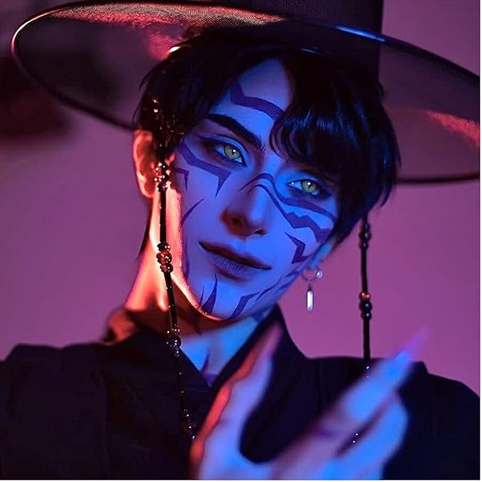 Purple Temporary Tattoo Stickers – 5PCS Movie Anime Kpop Theme Purple Tattoos Realistic Waterproof Body Art for Cosplay, Halloween, and Party Makeup (For Face Only)