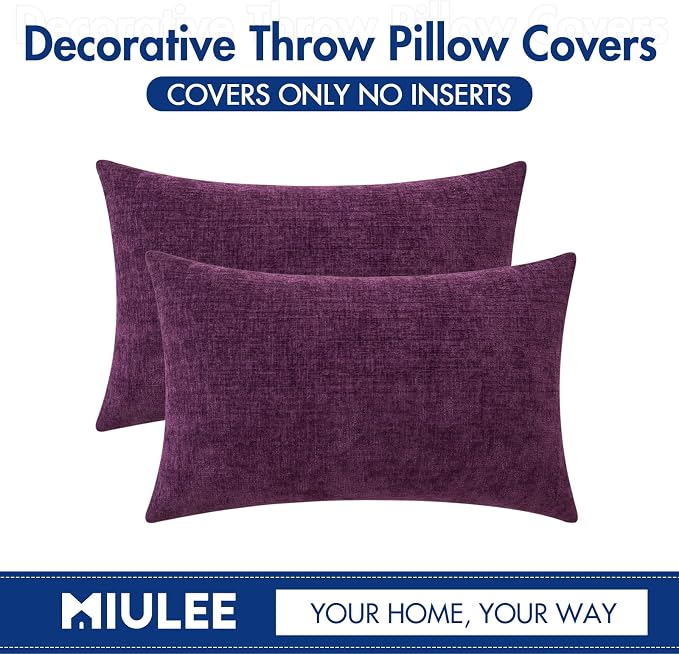 MIULEE Soft Chenille Lumbar Throw Pillow Covers Plum Purple 12x20 Inch | Pack of 2, Modern Decor, Classic Decorative Pillows, Solid Dyed Cases, Boho Couch Cushion Covers for Sofa Bed Living Room