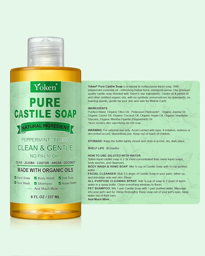 Peppermint Castile Soap Liquid 8 OZ, Made with Certified Organic Oils, Gentle Peppermint Soap for Body Wash, Face, Hands, Dishes, Laundry & More - Vegan & Natural Ingredients Versatile Cleanser