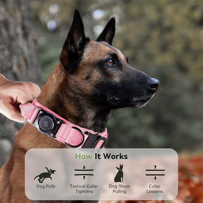 2026 Upgrade Waterproof Tactical AirTag Dog Collar, Built in AirTag Holder | Comfortable Control Handle, Quick Release Metal Buckle, Durable 1000D Nylon, For Medium to Large Dogs, Pink,M