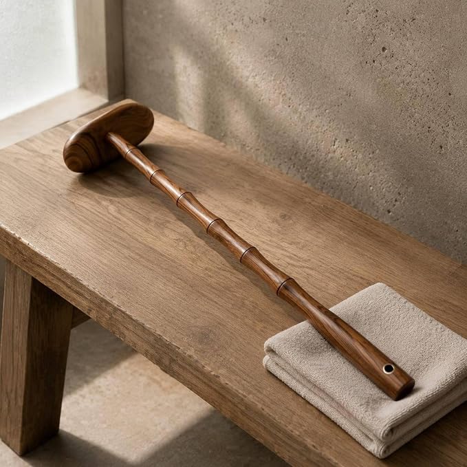 Gua Sha Easy to Clean Long Handle Gua Sha Gift Idea Myofascial Release, Red Pear Wood Brass Tai Chi Gua Sha Board Short Handle + Essential Oil + Acupoint Chart